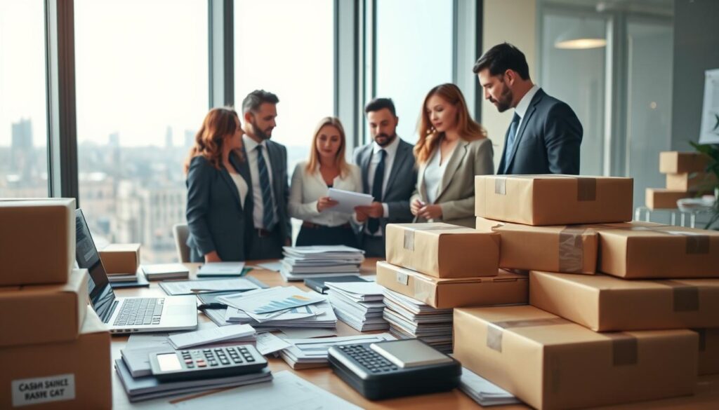 A professional setting showcasing the factors influencing cash-on-delivery shipping costs. In the foreground, a well-organized desk cluttered with shipping boxes, invoices, a calculator, and a laptop displaying graphs and statistics. In the middle, focus on a diverse group of business professionals, dressed in smart attire, discussing shipping logistics around the desk, with expressions of concentration and collaboration. The background features a large window letting in soft, natural daylight that creates a warm yet professional atmosphere, while a city skyline is faintly visible outside. The composition captures a sense of teamwork and efficiency, highlighting the complexity of shipping costs without any text or distractions.