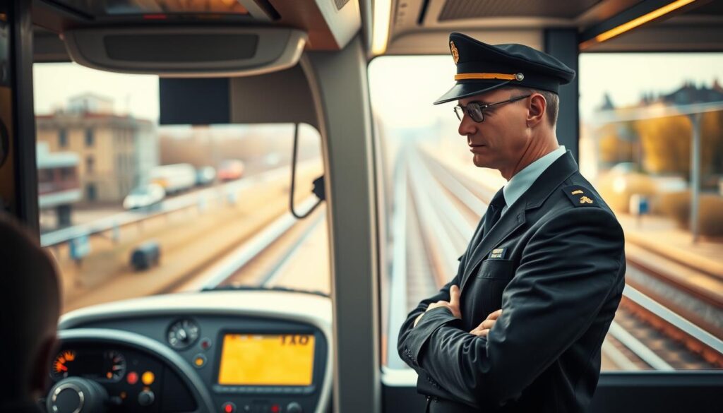 A professional train conductor standing confidently in a modern train cabin, showcasing a vibrant rail system in Poland. The foreground features the conductor, dressed in a crisp uniform with a polished cap, checking the train's controls with focused determination. In the middle ground, a sleek, contemporary train with vibrant colors conveys the essence of urban rail travel, while an illuminated dashboard glows softly. The background reveals a blurred cityscape, suggesting a bustling metropolitan area, with train tracks extending into the distance. Warm, natural lighting filters through the cabin windows, creating an inviting atmosphere. The image should capture the importance of the train operator's role and the evolving landscape of railway employment in Poland. A professional train conductor standing confidently in a modern train cabin, showcasing a vibrant rail system in Poland. The foreground features the conductor, dressed in a crisp uniform with a polished cap, checking the train's controls with focused determination. In the middle ground, a sleek, contemporary train with vibrant colors conveys the essence of urban rail travel, while an illuminated dashboard glows softly. The background reveals a blurred cityscape, suggesting a bustling metropolitan area, with train tracks extending into the distance. Warm, natural lighting filters through the cabin windows, creating an inviting atmosphere. The image should capture the importance of the train operator's role and the evolving landscape of railway employment in Poland.
