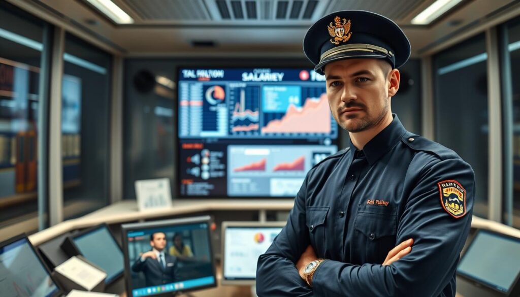 A professional train manager standing confidently in a bright, modern railway control room, dressed in a crisp navy blue uniform. The foreground highlights their serious expression as they review charts and graphs showing salary data across different railway companies. In the middle, a large screen displays dynamic visuals of train operations, with emphasis on salary trends, while glimpses of trains can be seen in motion outside the glass panel windows. The background features soft, ambient lighting that enhances a focused, dynamic atmosphere, emphasizing professionalism and responsibility. The composition is shot from a slightly elevated angle to capture the intricate details of the environment, while ensuring clarity and relevance to the topic of railway salaries. A professional train manager standing confidently in a bright, modern railway control room, dressed in a crisp navy blue uniform. The foreground highlights their serious expression as they review charts and graphs showing salary data across different railway companies. In the middle, a large screen displays dynamic visuals of train operations, with emphasis on salary trends, while glimpses of trains can be seen in motion outside the glass panel windows. The background features soft, ambient lighting that enhances a focused, dynamic atmosphere, emphasizing professionalism and responsibility. The composition is shot from a slightly elevated angle to capture the intricate details of the environment, while ensuring clarity and relevance to the topic of railway salaries.