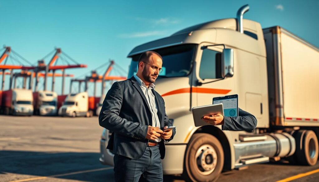 A professional truck driver in a business casual outfit, standing confidently beside a large truck labeled as a "Cat C" vehicle in a busy logistics yard. In the foreground, show the driver looking at a tablet displaying earnings data and working conditions. In the middle, include diverse trucks from various systems, such as long-haul, regional, and freight delivery, parked with similar backgrounds for context. The background features a busy shipping dock with cranes and cargo containers under a clear blue sky. Warm, natural lighting enhances the scene, while a slight depth of field focuses on the driver and the tablet. The mood is optimistic and professional, reflecting the dynamic environment of the trucking industry.