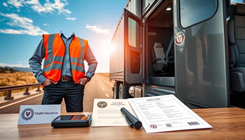 A professional truck driver standing confidently beside a large truck, wearing smart casual attire with a reflective vest. In the foreground, display a collection of benefits, such as a health insurance card, a training certificate, and a GPS device on a table. In the middle ground, showcase the truck with its doors open, highlighting its spacious interior and tools that enhance comfort, like a cozy seat cushion. In the background, depict a scenic highway with clear blue skies, symbolizing freedom and adventure. The lighting is warm and inviting, casting natural shadows and creating a positive, motivational atmosphere. Use a slightly elevated angle to capture the scene effectively, ensuring the focus remains on the driver and the benefits they receive.