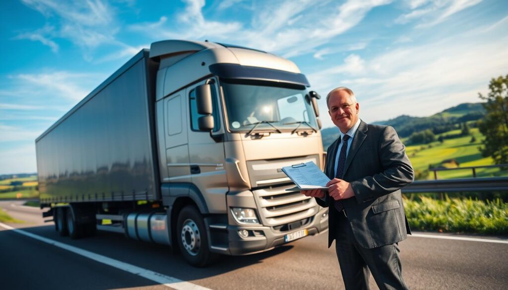 A professional truck driver standing next to a large semi-truck on a picturesque highway in Germany. The driver, a middle-aged man in a neat business casual outfit, looks proud and confident, holding a clipboard with financial figures. In the background, the German countryside stretches out, featuring lush green fields and distant hills under a bright blue sky with wispy clouds. The scene is well-lit with soft sunlight illuminating the truck and driver. The image conveys a sense of professionalism, stability, and the importance of the trucking industry in Europe, highlighting the significance of driver earnings in the transportation sector. The angle is slightly low, emphasizing the imposing stature of the truck and the landscape.