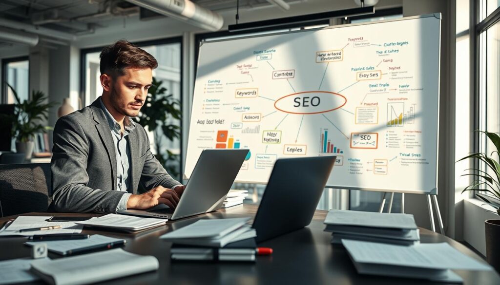 A professional workspace filled with elements representing SEO optimization for article writing. In the foreground, a focused individual in smart casual attire sits at a desk, typing diligently on a laptop. They are surrounded by notes and action plans on a notepad, showcasing keywords and strategies. In the middle, a large whiteboard displays a colorful mind map with SEO keywords, graphs, and metrics highlighted. The background features a bright office environment with natural light streaming through large windows, casting soft shadows. The mood is one of productivity and inspiration, emphasizing clarity and organization, perfect for enhancing the understanding of SEO in article writing. A professional workspace filled with elements representing SEO optimization for article writing. In the foreground, a focused individual in smart casual attire sits at a desk, typing diligently on a laptop. They are surrounded by notes and action plans on a notepad, showcasing keywords and strategies. In the middle, a large whiteboard displays a colorful mind map with SEO keywords, graphs, and metrics highlighted. The background features a bright office environment with natural light streaming through large windows, casting soft shadows. The mood is one of productivity and inspiration, emphasizing clarity and organization, perfect for enhancing the understanding of SEO in article writing.