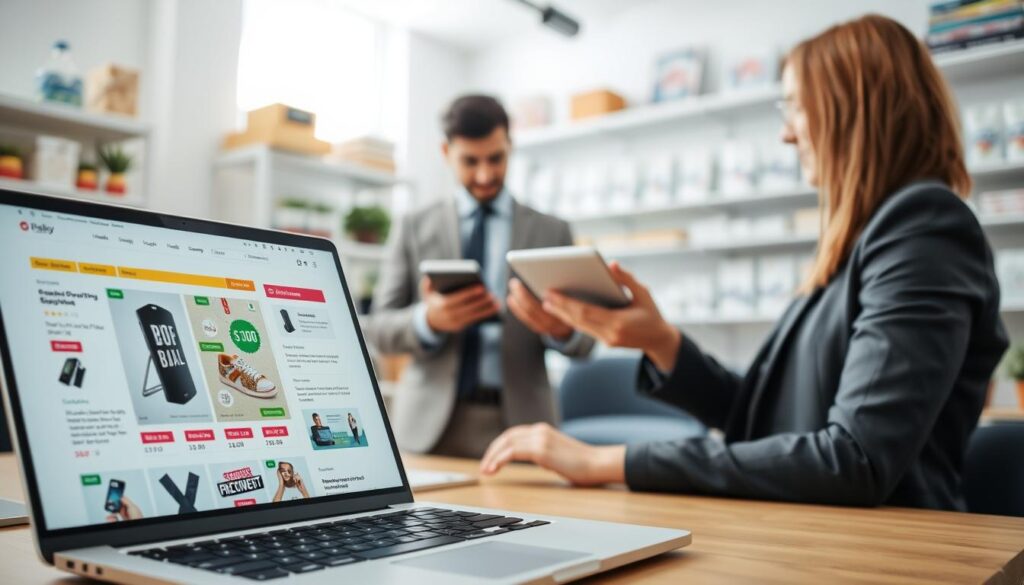 A professional workspace showcasing an attractive product listing on a digital marketplace. In the foreground, a laptop displays a visually appealing product page with high-quality images and detailed descriptions, surrounded by colorful price tags and promotional banners. In the middle, a person in business attire is analyzing data on a tablet, highlighting successful sales metrics. The background features a bright office setting with shelves filled with neatly organized products, hinting at an e-commerce theme. Soft, natural lighting floods the space, creating an inviting and productive atmosphere. The focus is on creating a sense of professionalism and efficiency, emphasizing the importance of optimizing product listings for increased sales. A professional workspace showcasing an attractive product listing on a digital marketplace. In the foreground, a laptop displays a visually appealing product page with high-quality images and detailed descriptions, surrounded by colorful price tags and promotional banners. In the middle, a person in business attire is analyzing data on a tablet, highlighting successful sales metrics. The background features a bright office setting with shelves filled with neatly organized products, hinting at an e-commerce theme. Soft, natural lighting floods the space, creating an inviting and productive atmosphere. The focus is on creating a sense of professionalism and efficiency, emphasizing the importance of optimizing product listings for increased sales.