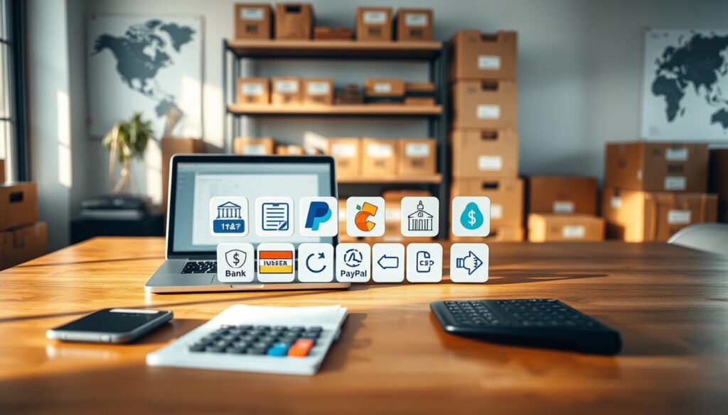 A professional workspace showcasing various payment methods for importing goods from China. In the foreground, a sleek wooden desk with a laptop open, displaying a payment platform interface, alongside a calculator and a notepad with trade notes. In the middle, several banking and digital payment icons (like credit cards, PayPal, and bank transfers) arranged neatly, suggesting secure transactions. The background features shelves with neatly stacked boxes labeled with Chinese text, representing import goods, and a world map on the wall highlighting trade routes. Soft, natural lighting floods the room, creating a warm and inviting atmosphere, while a slight depth of field blurs the background to emphasize the desk items. The overall mood is professional and focused, capturing the essence of financial transactions in international trade. A professional workspace showcasing various payment methods for importing goods from China. In the foreground, a sleek wooden desk with a laptop open, displaying a payment platform interface, alongside a calculator and a notepad with trade notes. In the middle, several banking and digital payment icons (like credit cards, PayPal, and bank transfers) arranged neatly, suggesting secure transactions. The background features shelves with neatly stacked boxes labeled with Chinese text, representing import goods, and a world map on the wall highlighting trade routes. Soft, natural lighting floods the room, creating a warm and inviting atmosphere, while a slight depth of field blurs the background to emphasize the desk items. The overall mood is professional and focused, capturing the essence of financial transactions in international trade.