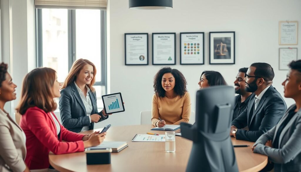 A scene illustrating the concept of influencer regulations, featuring a diverse group of influencers engaged in a roundtable discussion. In the foreground, a professional woman dressed in business attire is presenting graphs and data on a tablet, while her multicultural colleagues, also in smart outfits, listen intently. The middle ground showcases a modern office setting with a large window allowing natural light to create a bright and collaborative atmosphere. In the background, a wall with framed legal documents and marketing strategies highlights the theme of regulation. Soft, diffused lighting enhances the professionalism of the scene, creating a mood of focus and determination. The image captures the essence of regulatory discussions surrounding influencers in a structured and informative manner. A scene illustrating the concept of influencer regulations, featuring a diverse group of influencers engaged in a roundtable discussion. In the foreground, a professional woman dressed in business attire is presenting graphs and data on a tablet, while her multicultural colleagues, also in smart outfits, listen intently. The middle ground showcases a modern office setting with a large window allowing natural light to create a bright and collaborative atmosphere. In the background, a wall with framed legal documents and marketing strategies highlights the theme of regulation. Soft, diffused lighting enhances the professionalism of the scene, creating a mood of focus and determination. The image captures the essence of regulatory discussions surrounding influencers in a structured and informative manner.