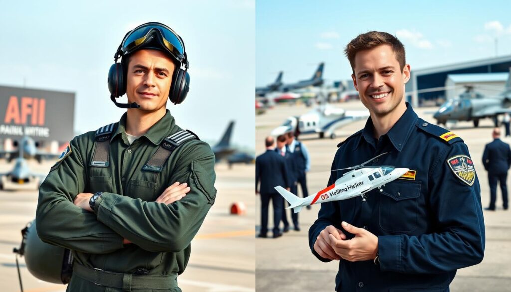 A side-by-side comparison of a military pilot and a civil helicopter pilot in a professional setting. On the left, the military pilot, dressed in a dark green flight suit and helmet, stands confidently with arms crossed, showcasing a determined expression. On the right, the civil helicopter pilot in a smart, dark blue uniform with company logos, holds a helicopter model, smiling and engaging with the viewer. The background features a split scene: military airbase on the left with fighter jets and banners, and a busy airport helipad on the right with helicopters and passengers. Use bright, natural daylight that enhances the contrast between the two settings. The image should evoke a sense of professionalism and dedication within the aviation field.