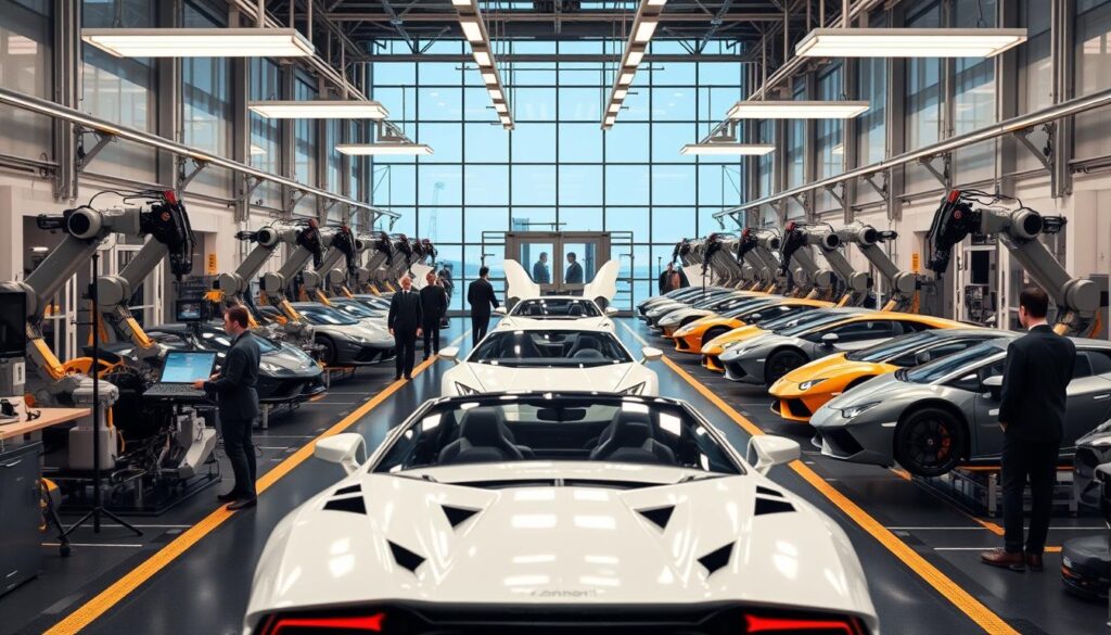 A sleek and modern Lamborghini factory, filled with advanced production equipment and robotic arms assembling luxury sports cars. In the foreground, a high-tech assembly line featuring workers in professional attire, focused on their tasks. The middle ground showcases partially completed Lamborghini models, their iconic sharp lines and aggressive stance illuminated by bright, ambient lighting. In the background, large glass windows reveal a clear blue sky, signaling innovation and the future. The atmosphere is dynamic and energetic, reflecting a new era for Lamborghini in the 2000s. The perspective should be slightly elevated, capturing the scale and sophistication of the facility with a focus on the intricate details of both machinery and vehicles.