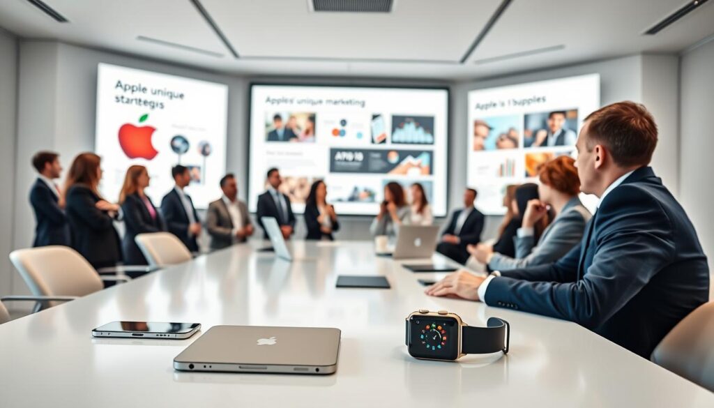 A sleek, modern Apple marketing presentation set in a well-lit, minimalistic conference room. In the foreground, a pristine white table displays the latest Apple products, including an iPhone, MacBook, and Apple Watch, arranged neatly on a polished surface. In the middle ground, diverse professionals in smart business attire are engaged in discussion, showcasing a dynamic exchange of ideas. The background features a large screen displaying visually stunning slides outlining Apple’s unique marketing strategies, with bold images and graphs highlighting brand success. The room is illuminated with soft, diffused light, creating a warm, inviting atmosphere. Use a wide-angle lens to capture the collaborative spirit and innovative essence of the scene, emphasizing a sense of ambition and creativity. A sleek, modern Apple marketing presentation set in a well-lit, minimalistic conference room. In the foreground, a pristine white table displays the latest Apple products, including an iPhone, MacBook, and Apple Watch, arranged neatly on a polished surface. In the middle ground, diverse professionals in smart business attire are engaged in discussion, showcasing a dynamic exchange of ideas. The background features a large screen displaying visually stunning slides outlining Apple’s unique marketing strategies, with bold images and graphs highlighting brand success. The room is illuminated with soft, diffused light, creating a warm, inviting atmosphere. Use a wide-angle lens to capture the collaborative spirit and innovative essence of the scene, emphasizing a sense of ambition and creativity.
