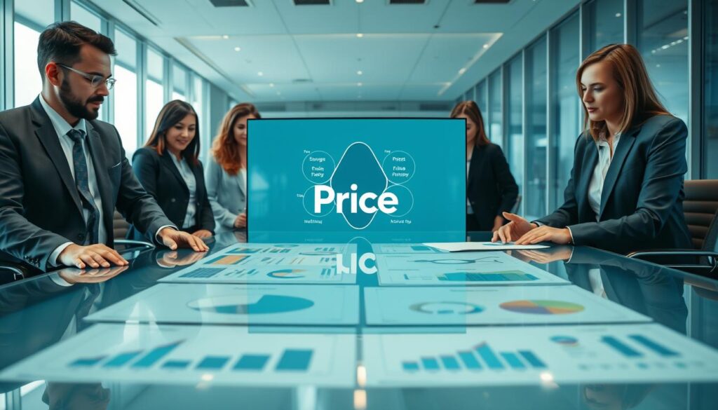A sleek, modern office environment serves as the backdrop, where a diverse group of professionals in business attire are engaged in a strategic discussion. In the foreground, a large, clear glass table displays charts and graphs illustrating various pricing strategies, with light reflecting off smoothly polished surfaces. Surrounding the table, three individuals—two men and one woman—are deeply focused, analyzing the data. The middle of the image features a digital screen showing the 4P marketing mix model, with an emphasis on 'Price' highlighted. The lighting is bright yet soft, fostering an atmosphere of productivity and collaboration. The overall tone is professional and dynamic, symbolizing a strategic approach to pricing within the marketing framework. A sleek, modern office environment serves as the backdrop, where a diverse group of professionals in business attire are engaged in a strategic discussion. In the foreground, a large, clear glass table displays charts and graphs illustrating various pricing strategies, with light reflecting off smoothly polished surfaces. Surrounding the table, three individuals—two men and one woman—are deeply focused, analyzing the data. The middle of the image features a digital screen showing the 4P marketing mix model, with an emphasis on 'Price' highlighted. The lighting is bright yet soft, fostering an atmosphere of productivity and collaboration. The overall tone is professional and dynamic, symbolizing a strategic approach to pricing within the marketing framework.