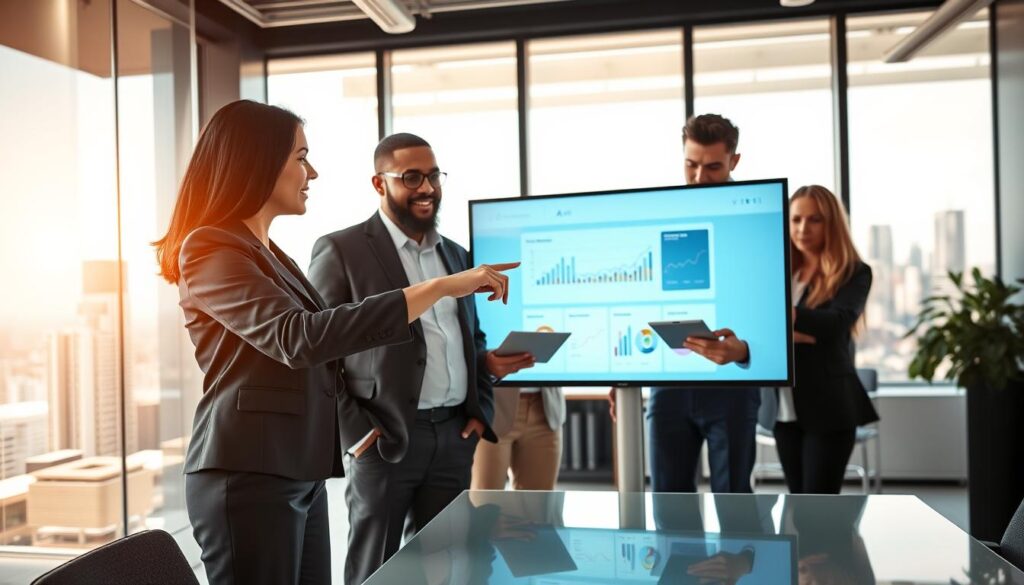 A sleek, modern office environment with a diverse group of professionals collaborating around a digital display showcasing the Allegro Ads interface. In the foreground, a focused woman in professional business attire is pointing at the screen, explaining a data-driven strategy to her colleagues. The middle layer features two men, one analyzing data on a tablet and the other taking notes, all appearing engaged and dynamic. The background includes a large window revealing a bustling cityscape, symbolizing growth and opportunity. Bright, natural lighting floods the room, creating a lively atmosphere. Capture this scene with a slightly low-angle shot to emphasize the teamwork and innovation, evoking a sense of excitement about the potential for increased sales through Allegro Ads. A sleek, modern office environment with a diverse group of professionals collaborating around a digital display showcasing the Allegro Ads interface. In the foreground, a focused woman in professional business attire is pointing at the screen, explaining a data-driven strategy to her colleagues. The middle layer features two men, one analyzing data on a tablet and the other taking notes, all appearing engaged and dynamic. The background includes a large window revealing a bustling cityscape, symbolizing growth and opportunity. Bright, natural lighting floods the room, creating a lively atmosphere. Capture this scene with a slightly low-angle shot to emphasize the teamwork and innovation, evoking a sense of excitement about the potential for increased sales through Allegro Ads.