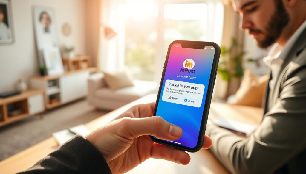 A smartphone displaying the InPost mobile app installation screen, featuring a user-friendly interface with vibrant colors and clear icons. In the foreground, a person in smart casual attire gently holds the phone, with a focused expression, as they navigate through the app. The middle ground captures a cozy home setting, with a modern desk and soft lighting creating a warm atmosphere. On the desk, there are typical office items like a notepad and a pen, subtly enhancing the context of productivity. The background showcases a softly blurred view of a living room, adding depth while keeping the emphasis on the installation process. Bright, natural lighting flows in, creating an inviting, motivating environment.
