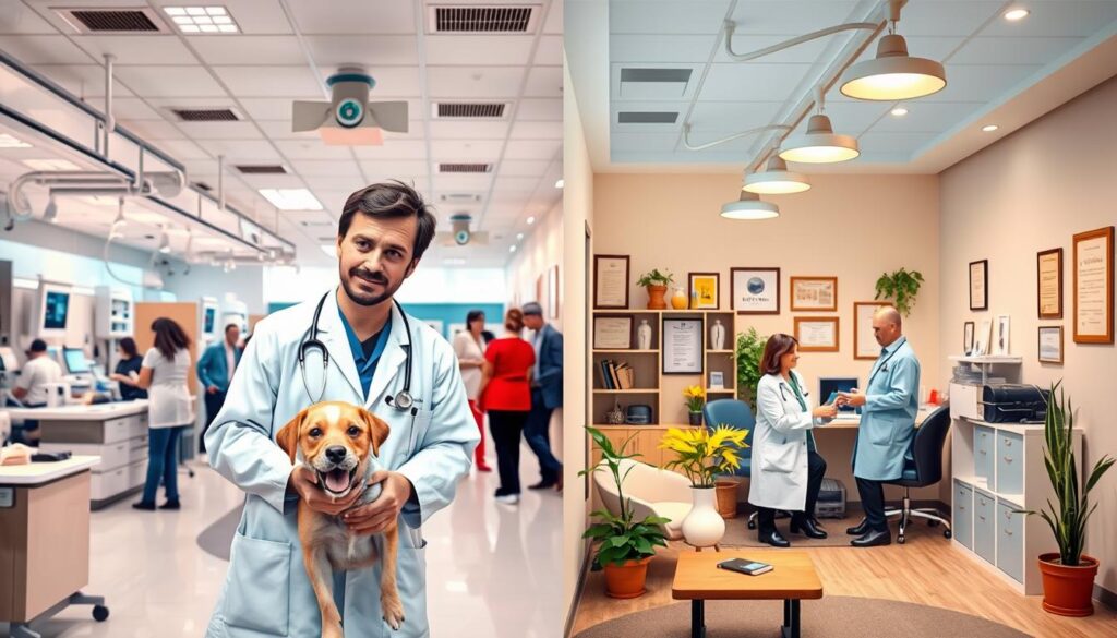 A split-scene image illustrating the comparison between large veterinary clinics and small veterinary offices. In the foreground, depict a professional veterinarian in a white coat working with a friendly dog in a bustling large clinic, surrounded by advanced medical equipment, busy staff, and clients. In the middle ground, showcase a cozy small veterinary office with the same veterinarian, now consulting with a pet owner in a comfortable, personalized setting, featuring warm lighting and a small waiting area. The background should include details like certificates on the walls and plants for a homey feel in the small office, contrasting with the high-tech ambiance of the large clinic. Aim for bright, inviting colors that convey professionalism and care. A split-scene image illustrating the comparison between large veterinary clinics and small veterinary offices. In the foreground, depict a professional veterinarian in a white coat working with a friendly dog in a bustling large clinic, surrounded by advanced medical equipment, busy staff, and clients. In the middle ground, showcase a cozy small veterinary office with the same veterinarian, now consulting with a pet owner in a comfortable, personalized setting, featuring warm lighting and a small waiting area. The background should include details like certificates on the walls and plants for a homey feel in the small office, contrasting with the high-tech ambiance of the large clinic. Aim for bright, inviting colors that convey professionalism and care.