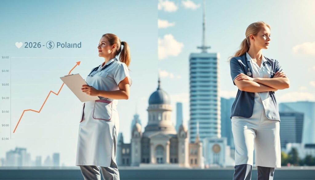 A split-screen image showcasing the salary expectations of nurses in Poland and the USA for 2026. In the foreground, on the left side, depict a Polish nurse in professional attire, standing confidently with a clipboard, looking toward a graph displaying upward salary projections. On the right side, illustrate an American nurse in similar professional attire, her arms crossed and gazing at a different graph with similar upward trends. In the middle ground, include soft-focus charts and relevant icons symbolizing healthcare and finance, such as dollar signs and hospital buildings. In the background, subtly represent contrasting skylines of Poland and the USA, with clear skies and a hopeful atmosphere. Use bright, optimistic lighting to enhance the mood, showcasing the promising future of nursing salaries. A split-screen image showcasing the salary expectations of nurses in Poland and the USA for 2026. In the foreground, on the left side, depict a Polish nurse in professional attire, standing confidently with a clipboard, looking toward a graph displaying upward salary projections. On the right side, illustrate an American nurse in similar professional attire, her arms crossed and gazing at a different graph with similar upward trends. In the middle ground, include soft-focus charts and relevant icons symbolizing healthcare and finance, such as dollar signs and hospital buildings. In the background, subtly represent contrasting skylines of Poland and the USA, with clear skies and a hopeful atmosphere. Use bright, optimistic lighting to enhance the mood, showcasing the promising future of nursing salaries.