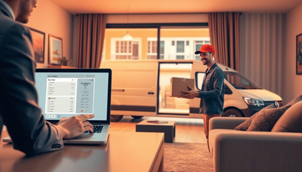 A step-by-step illustration of the cash-on-delivery shipping process. In the foreground, a person in professional attire is placing an online order on a laptop, with a focus on the screen displaying a user-friendly interface. In the middle, show a delivery person holding a package, ready to hand it over to a satisfied customer while both are in a well-lit living room. The background features a delivery van parked outside, emphasizing a busy urban environment. Use warm, inviting lighting to create a friendly atmosphere, and maintain a clear focus on the interactions between the customer and the delivery person, capturing the essence of a smooth transaction.