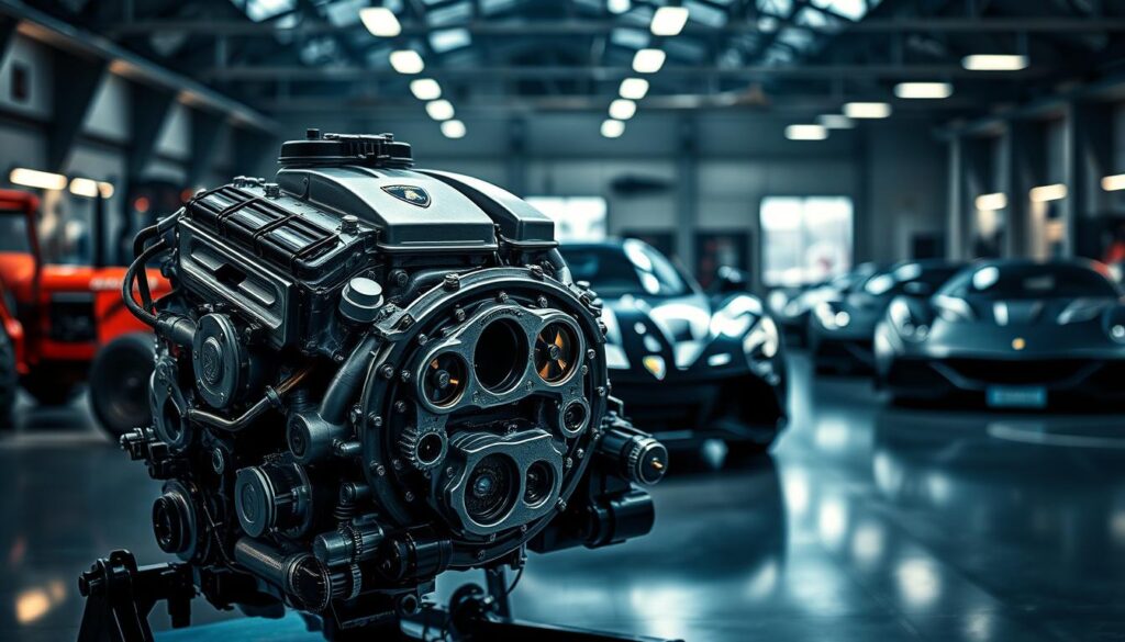 A striking image showcasing a Lamborghini V12 engine, prominently displayed in the foreground with intricate metallic details highlighted under dramatic lighting. The engine's design features rich textures, showcasing its complexity and craftsmanship, with glimmering chrome and robust components. In the middle ground, set in a soft-focused automotive workshop, vintage Lamborghini tractors can be glimpsed, hinting at the brand's origins. The background includes blurred silhouettes of sleek, modern Lamborghini sports cars, emphasizing the evolution of technology. The atmosphere is one of innovation and excitement, with a cool color palette that conveys a sense of professionalism and high-performance engineering. Capture the essence of Lamborghini’s technological innovations without any text or distractions.