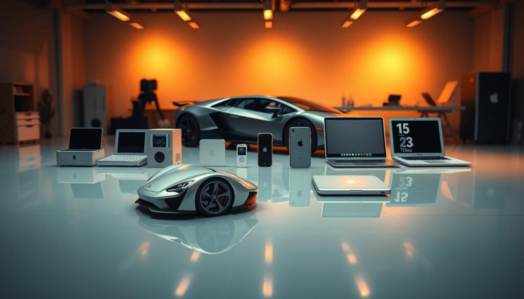 A striking visual representation of the evolution of Apple products, featuring a sleek, modern Lamborghini in the foreground, symbolizing innovation and luxury. The car is parked on a glossy surface that reflects a carefully arranged array of iconic Apple devices—such as the original Macintosh, iPod, iPhone, and MacBook—displayed artistically in the middle ground. In the background, a soft focus of a high-tech, minimalist workspace is illuminated with warm lighting, enhancing the atmosphere of creativity and success. A wide-angle view captures the essence of a dynamic tech environment, with soft bokeh effects to draw attention to the car and products. The overall mood should feel inspiring and aspirational, embodying the spirit of groundbreaking achievements in technology. A striking visual representation of the evolution of Apple products, featuring a sleek, modern Lamborghini in the foreground, symbolizing innovation and luxury. The car is parked on a glossy surface that reflects a carefully arranged array of iconic Apple devices—such as the original Macintosh, iPod, iPhone, and MacBook—displayed artistically in the middle ground. In the background, a soft focus of a high-tech, minimalist workspace is illuminated with warm lighting, enhancing the atmosphere of creativity and success. A wide-angle view captures the essence of a dynamic tech environment, with soft bokeh effects to draw attention to the car and products. The overall mood should feel inspiring and aspirational, embodying the spirit of groundbreaking achievements in technology.