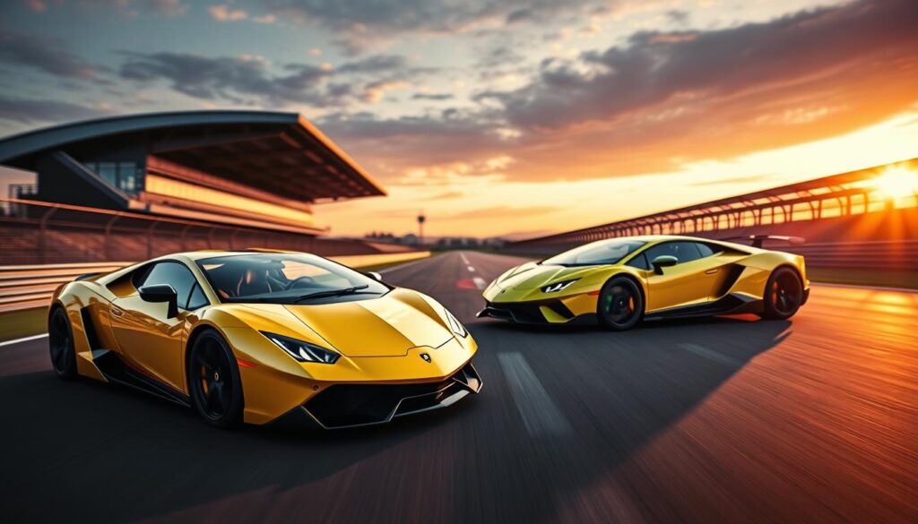 A stunning display of Lamborghini's iconic limited edition cars on a racetrack, showcasing their remarkable achievements in automotive engineering. In the foreground, a sleek Lamborghini Centenario in a vibrant yellow hue captures attention, reflecting sunlight off its aerodynamic curves. Beside it, a limited edition Lamborghini Sián, with distinctive green accents, sits poised for action. The middle ground features a blurred but dynamic view of a racetrack, emphasizing speed and precision, while the background reveals a dramatic sunset sky, casting warm golden and purple hues that enhance the luxury of the scene. The atmosphere is one of excitement and innovation, inviting viewers to appreciate the legendary legacy of Lamborghini. Soft lighting and a low-angle perspective accentuate the cars' aggressive stances and flawless designs, making this image a perfect homage to their exceptional achievements.