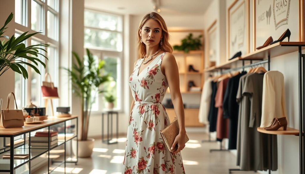 A stylish Polish woman wearing a Chruścińska dress, elegantly designed in a light, flowing fabric with floral patterns. The dress features a fitted bodice and a flared skirt, accentuating her silhouette. She stands in a bright, airy boutique, surrounded by chic accessories like statement jewelry, a sophisticated clutch, and elegant shoes displayed on stylish racks. Soft, natural light filters through large windows, creating a warm atmosphere. The background showcases elegant décor, with touches of greenery and minimalist styling. The angle of the shot is slightly above eye level, focusing on the woman as she gracefully poses, conveying confidence and poise. The overall mood is sophisticated and inviting, ideal for a fashion-focused article.