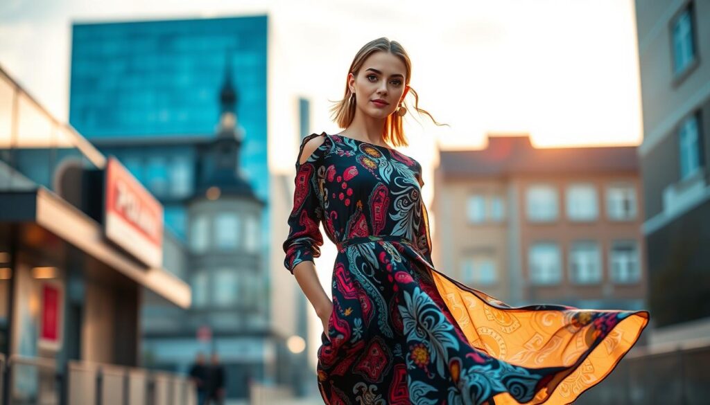 A stylish model showcases a trendy Chruścińska dress designed in 2023, embodying the latest fashion trends. The dress features elegant, flowing fabric with a unique print and contemporary cut, highlighting bold colors and intricate patterns. The model, dressed in modest yet fashionable attire, stands confidently in the foreground, against a softly blurred urban setting suggesting a vibrant city backdrop. Warm, golden hour lighting bathes the scene, creating an inviting atmosphere. The camera angle captures a dynamic view, emphasizing the movement of the dress as the model poses gracefully. The overall mood is modern, chic, and sophisticated, reflecting the essence of contemporary Polish fashion while celebrating the elegance of the Chruścińska brand.
