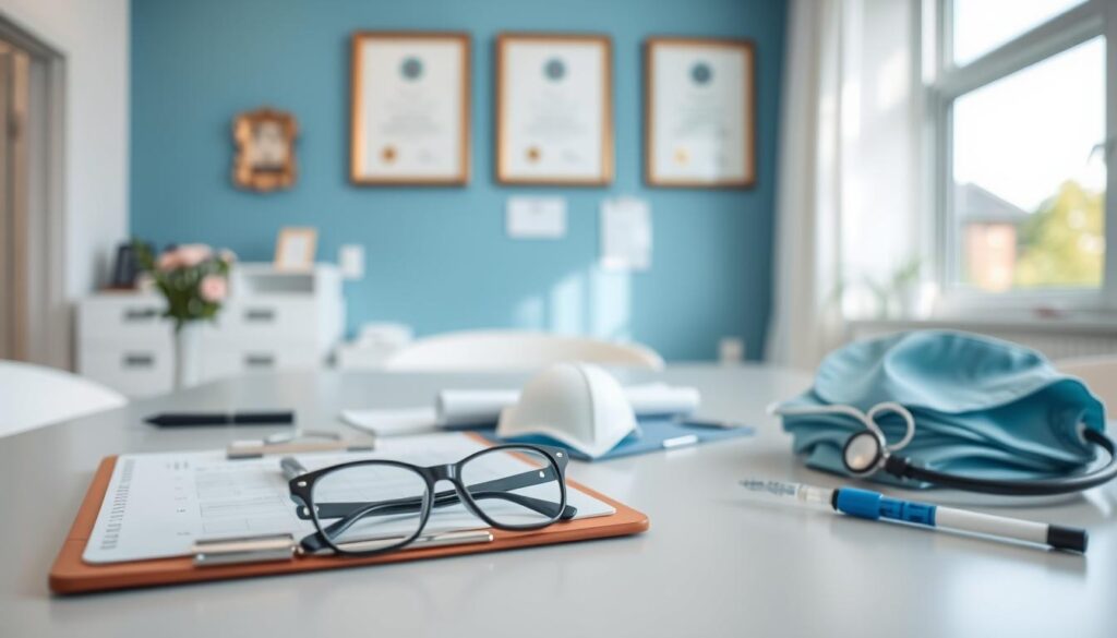 A table set in a well-lit, modern medical office, showcasing various anesthesiologist-specific accessories like a stethoscope, syringe, masks, and a clipboard with charts. In the foreground, the accessories are neatly arranged with a blurred focus on a pair of stylish, professional glasses beside them. The middle ground features a calming blue wall with certificates hung, reflecting a sense of achievement. The background shows a window letting in natural light, with a view of a serene hospital garden. The atmosphere is professional yet inviting, conveying the rewards of the anesthesiology profession. Aim for a slight depth of field to emphasize the accessories and create a sophisticated and engaging mood. A table set in a well-lit, modern medical office, showcasing various anesthesiologist-specific accessories like a stethoscope, syringe, masks, and a clipboard with charts. In the foreground, the accessories are neatly arranged with a blurred focus on a pair of stylish, professional glasses beside them. The middle ground features a calming blue wall with certificates hung, reflecting a sense of achievement. The background shows a window letting in natural light, with a view of a serene hospital garden. The atmosphere is professional yet inviting, conveying the rewards of the anesthesiology profession. Aim for a slight depth of field to emphasize the accessories and create a sophisticated and engaging mood.