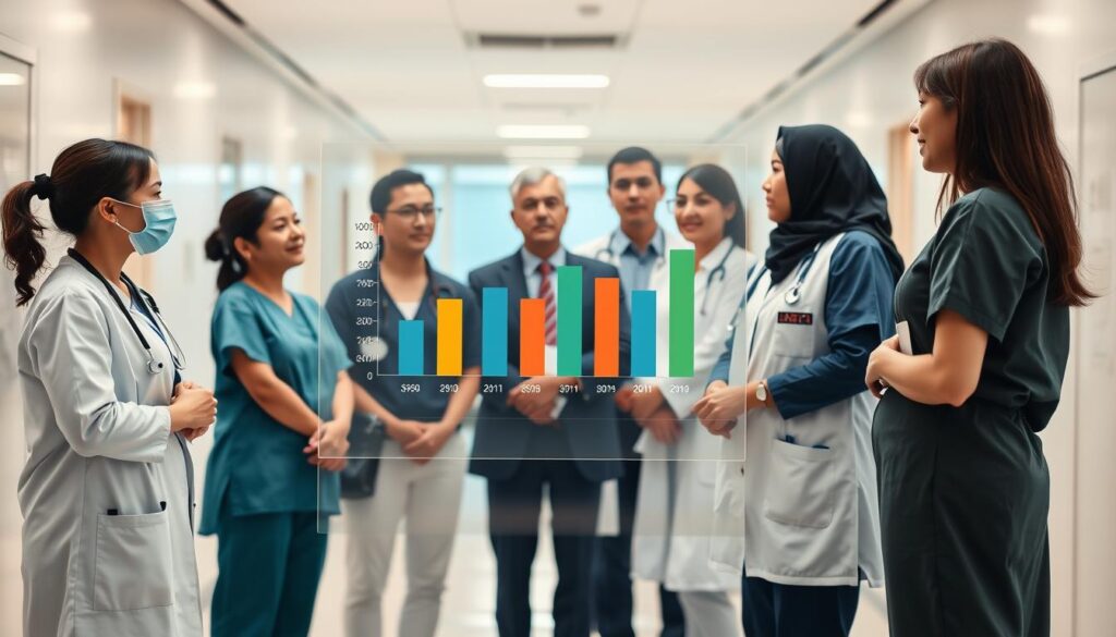 A thoughtful comparison of healthcare salaries, with a focus on nurses versus other health professions. In the foreground, depict a group of diverse healthcare professionals, including a nurse, a doctor, and a pharmacist, all in professional attire, engaged in a discussion around a transparent chart illustrating salary data. In the middle ground, show a large chart with clear, colorful bar graphs representing salary differences in the healthcare sector. The background features a modern hospital setting, with soft, ambient lighting filtering through windows. Capture a sense of professionalism and teamwork, emphasizing the importance of salary comparisons in healthcare, with a tranquil atmosphere conducive to serious discussion. The angle should be slightly elevated, providing a comprehensive view of the scene. A thoughtful comparison of healthcare salaries, with a focus on nurses versus other health professions. In the foreground, depict a group of diverse healthcare professionals, including a nurse, a doctor, and a pharmacist, all in professional attire, engaged in a discussion around a transparent chart illustrating salary data. In the middle ground, show a large chart with clear, colorful bar graphs representing salary differences in the healthcare sector. The background features a modern hospital setting, with soft, ambient lighting filtering through windows. Capture a sense of professionalism and teamwork, emphasizing the importance of salary comparisons in healthcare, with a tranquil atmosphere conducive to serious discussion. The angle should be slightly elevated, providing a comprehensive view of the scene.