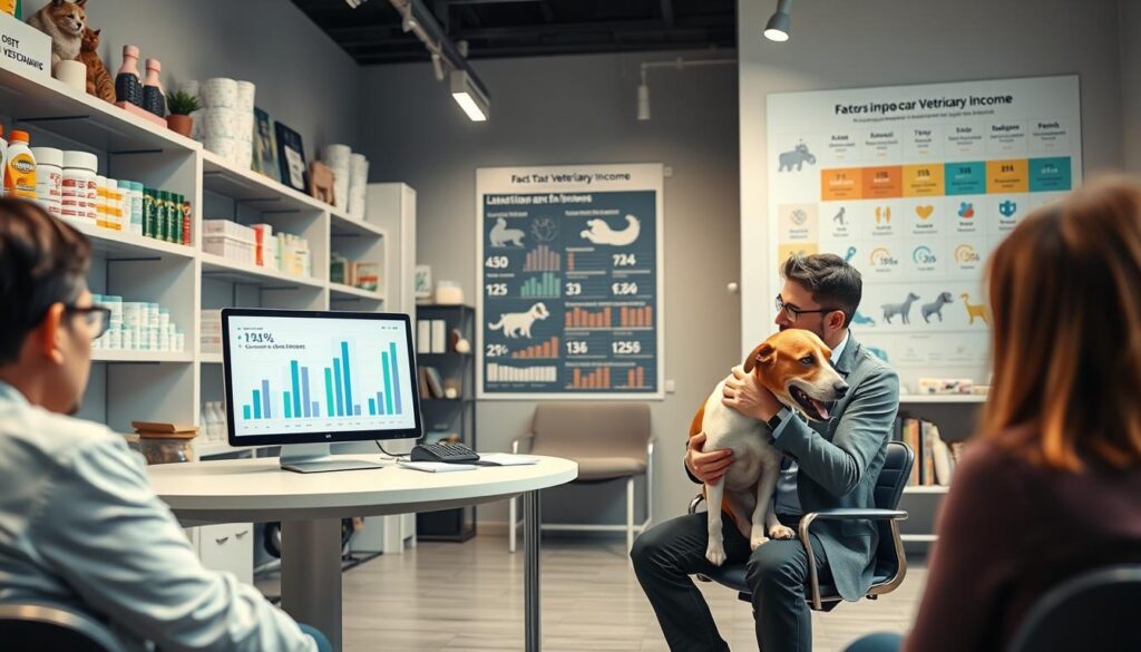 A veterinary clinic interior depicting a veterinary professional, dressed in a smart, casual outfit, engaged in a consultation with a pet owner. In the foreground, the veterinarian examines a dog while seated at a desk with a computer displaying statistical graphs representing income variations based on different factors like location, experience, and specialization. The middle ground features shelves lined with animal care products and a comfortable waiting area with pet-themed decor. In the background, a detailed chart or infographic illustrating factors impacting a veterinarian's income is subtly visible on the wall. Soft, natural lighting illuminates the scene, enhancing a warm and professional atmosphere, with a clear focus through a wide-angle lens to capture the entire setting. A veterinary clinic interior depicting a veterinary professional, dressed in a smart, casual outfit, engaged in a consultation with a pet owner. In the foreground, the veterinarian examines a dog while seated at a desk with a computer displaying statistical graphs representing income variations based on different factors like location, experience, and specialization. The middle ground features shelves lined with animal care products and a comfortable waiting area with pet-themed decor. In the background, a detailed chart or infographic illustrating factors impacting a veterinarian's income is subtly visible on the wall. Soft, natural lighting illuminates the scene, enhancing a warm and professional atmosphere, with a clear focus through a wide-angle lens to capture the entire setting.