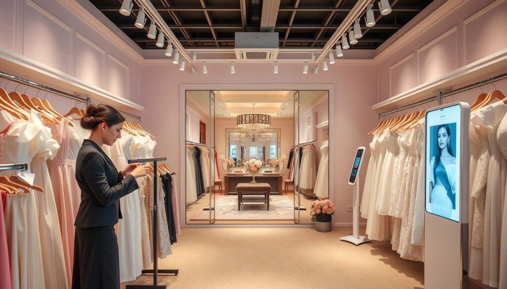 A vibrant and inviting Atelier Chruścińska showroom, elegantly decorated with soft pastel colors and stylish clothing racks displaying exquisite dresses. In the foreground, a professional stylist in modest business attire is attentively arranging the garments. The middle layer features a spacious salon with mirrors reflecting the beautifully designed interior, showcasing a blend of contemporary and classic decor elements. In the background, an adjacent area displays a sleek digital kiosk, symbolizing the online shopping experience. Soft, natural lighting illuminates the space, creating a warm and welcoming atmosphere. The angle captures both the physical and digital aspects of the Atelier, inviting viewers into a seamless blend of offline and online fashion retail.