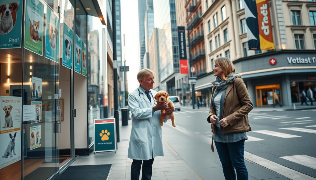 A vibrant cityscape in Poland featuring a modern veterinary clinic on a bustling street, showcasing a veterinarian in a white lab coat consulting with a pet owner, both dressed in smart-casual attire. The foreground presents a clear view of the clinic's welcoming entrance adorned with colorful pet posters. In the middle ground, the veterinarian examines a small dog while the owner looks engaged and hopeful. The background features dynamic urban elements like tall buildings and street activity, with soft afternoon sunlight filtering through. The angle captures the interaction between the vet and the client, highlighting the importance of location in veterinary practice. The overall mood is professional yet warm, inviting a sense of community and trust. A vibrant cityscape in Poland featuring a modern veterinary clinic on a bustling street, showcasing a veterinarian in a white lab coat consulting with a pet owner, both dressed in smart-casual attire. The foreground presents a clear view of the clinic's welcoming entrance adorned with colorful pet posters. In the middle ground, the veterinarian examines a small dog while the owner looks engaged and hopeful. The background features dynamic urban elements like tall buildings and street activity, with soft afternoon sunlight filtering through. The angle captures the interaction between the vet and the client, highlighting the importance of location in veterinary practice. The overall mood is professional yet warm, inviting a sense of community and trust.