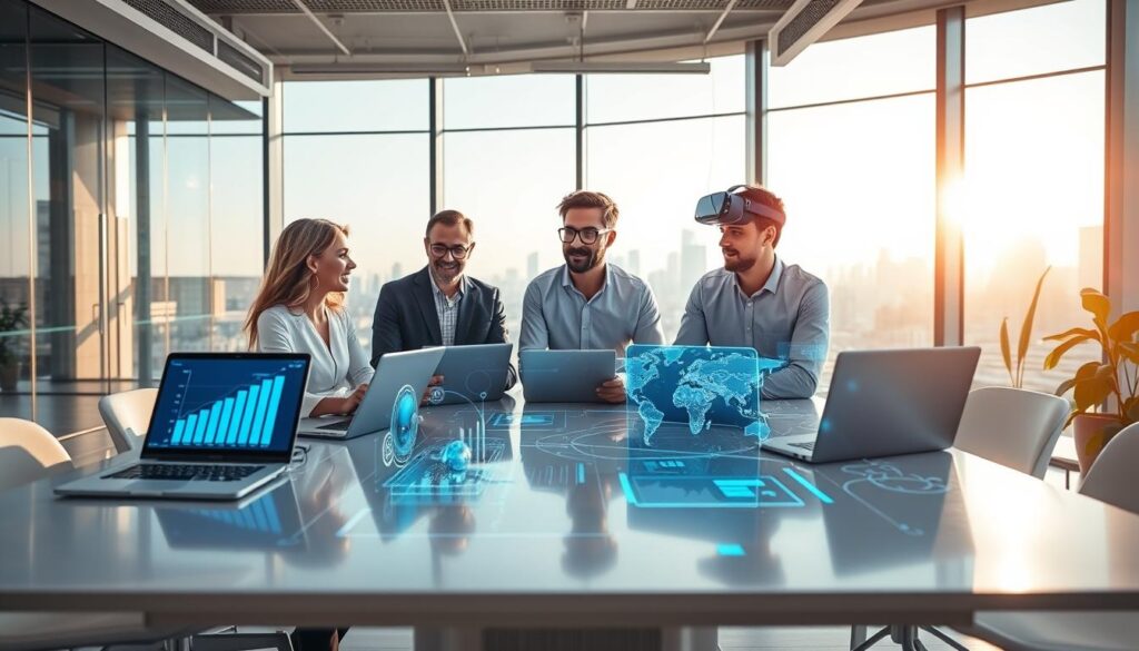 A vibrant digital workspace illustrating the concept of "digital services in technology." In the foreground, a diverse group of three professionals—one woman and two men—are engaged in a collaborative discussion around a sleek, modern table with laptops and digital tablets displaying graphs and charts. The middle ground features futuristic tech elements like holographic displays and virtual reality headsets, enhancing the theme of innovation. In the background, a contemporary office with large windows showcases a city skyline, basking in soft, natural light that creates a bright and optimistic atmosphere. Use a wide-angle lens for depth, capturing the energy and creativity of a tech-driven environment. The overall mood is inspiring and dynamic, emphasizing the possibilities within the digital services industry. A vibrant digital workspace illustrating the concept of "digital services in technology." In the foreground, a diverse group of three professionals—one woman and two men—are engaged in a collaborative discussion around a sleek, modern table with laptops and digital tablets displaying graphs and charts. The middle ground features futuristic tech elements like holographic displays and virtual reality headsets, enhancing the theme of innovation. In the background, a contemporary office with large windows showcases a city skyline, basking in soft, natural light that creates a bright and optimistic atmosphere. Use a wide-angle lens for depth, capturing the energy and creativity of a tech-driven environment. The overall mood is inspiring and dynamic, emphasizing the possibilities within the digital services industry.