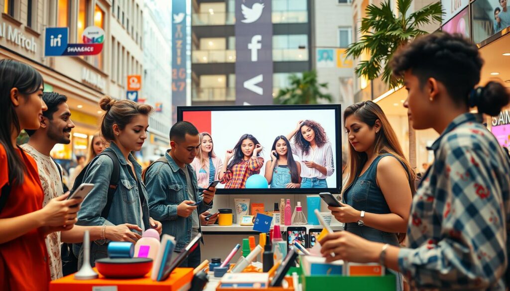 A vibrant, dynamic scene depicting the influence of social media influencers on Generation Z's shopping decisions. In the foreground, a diverse group of young adults, dressed in modern, stylish casual attire, are engaged around a vibrant, colorful display of trendy products, such as tech gadgets, fashion items, and beauty products. In the middle ground, a large digital screen showcases popular influencers sharing lifestyle tips, with striking visuals and engaging expressions. The background features a bustling urban setting, with social media icons subtly integrated into the architecture. Soft, warm lighting creates an inviting atmosphere, highlighting the excitement and energy of the shopping experience. The camera angle is slightly elevated, capturing both the influencers' impact and the captivated audience. A vibrant, dynamic scene depicting the influence of social media influencers on Generation Z's shopping decisions. In the foreground, a diverse group of young adults, dressed in modern, stylish casual attire, are engaged around a vibrant, colorful display of trendy products, such as tech gadgets, fashion items, and beauty products. In the middle ground, a large digital screen showcases popular influencers sharing lifestyle tips, with striking visuals and engaging expressions. The background features a bustling urban setting, with social media icons subtly integrated into the architecture. Soft, warm lighting creates an inviting atmosphere, highlighting the excitement and energy of the shopping experience. The camera angle is slightly elevated, capturing both the influencers' impact and the captivated audience.