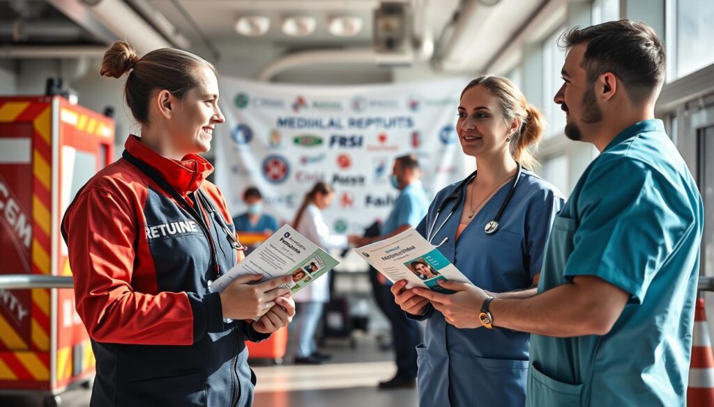 A vibrant image depicting a collaboration scene among medical rescuers and support organizations in Poland. In the foreground, two healthcare professionals in professional attire engage in a discussion, showcasing camaraderie and teamwork. They hold informational brochures about various support foundations. In the middle ground, a banner featuring relevant organization logos flutters, symbolizing community support. The background features a bustling hospital or rescue station, where more healthcare workers assist each other. The scene is brightly lit with natural daylight, creating an uplifting and hopeful atmosphere. Shot with a slight angle to capture the dynamics of the interaction, this image aims to convey the sense of unity and support in the medical emergency field. A vibrant image depicting a collaboration scene among medical rescuers and support organizations in Poland. In the foreground, two healthcare professionals in professional attire engage in a discussion, showcasing camaraderie and teamwork. They hold informational brochures about various support foundations. In the middle ground, a banner featuring relevant organization logos flutters, symbolizing community support. The background features a bustling hospital or rescue station, where more healthcare workers assist each other. The scene is brightly lit with natural daylight, creating an uplifting and hopeful atmosphere. Shot with a slight angle to capture the dynamics of the interaction, this image aims to convey the sense of unity and support in the medical emergency field.