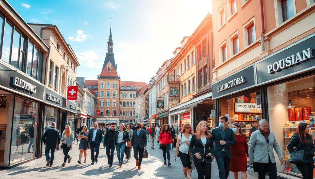 A vibrant market scene showcasing key retail segments in Poland. In the foreground, a bustling street lined with modern storefronts featuring a mix of fashion boutiques, electronics shops, and grocery stores, all reflecting contemporary Polish architecture. In the middle ground, groups of diverse shoppers in professional attire and modest casual clothing navigate the lively environment, engaging in friendly conversations and exploring the stores. The background captures a clear blue sky with soft, warm sunlight illuminating the scene, creating a welcoming and energetic atmosphere. The angle is slightly elevated, giving a panoramic view of the retail landscape. Focus on vivid colors and realistic details to emphasize the thriving retail industry in Poland.