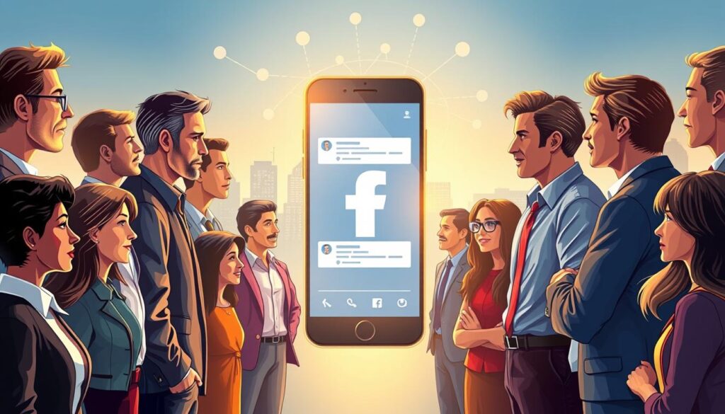 A vibrant, multi-layered illustration depicting the influence of Facebook on society and online communication. In the foreground, a diverse group of people engaged in conversation, showcasing a range of ages and backgrounds, dressed in professional business attire and modest casual clothing. Their expressions convey connection and engagement. In the middle ground, a large smartphone displays the Facebook interface, with icons and notifications subtly visible, symbolizing digital interaction. The background features a city skyline merging with social media graphics, like interconnected dots and digital waves, representing the global impact of Facebook. The lighting is warm and inviting, with a slight glow emphasizing the figures and their interactions, creating a hopeful and dynamic atmosphere. A vibrant, multi-layered illustration depicting the influence of Facebook on society and online communication. In the foreground, a diverse group of people engaged in conversation, showcasing a range of ages and backgrounds, dressed in professional business attire and modest casual clothing. Their expressions convey connection and engagement. In the middle ground, a large smartphone displays the Facebook interface, with icons and notifications subtly visible, symbolizing digital interaction. The background features a city skyline merging with social media graphics, like interconnected dots and digital waves, representing the global impact of Facebook. The lighting is warm and inviting, with a slight glow emphasizing the figures and their interactions, creating a hopeful and dynamic atmosphere.