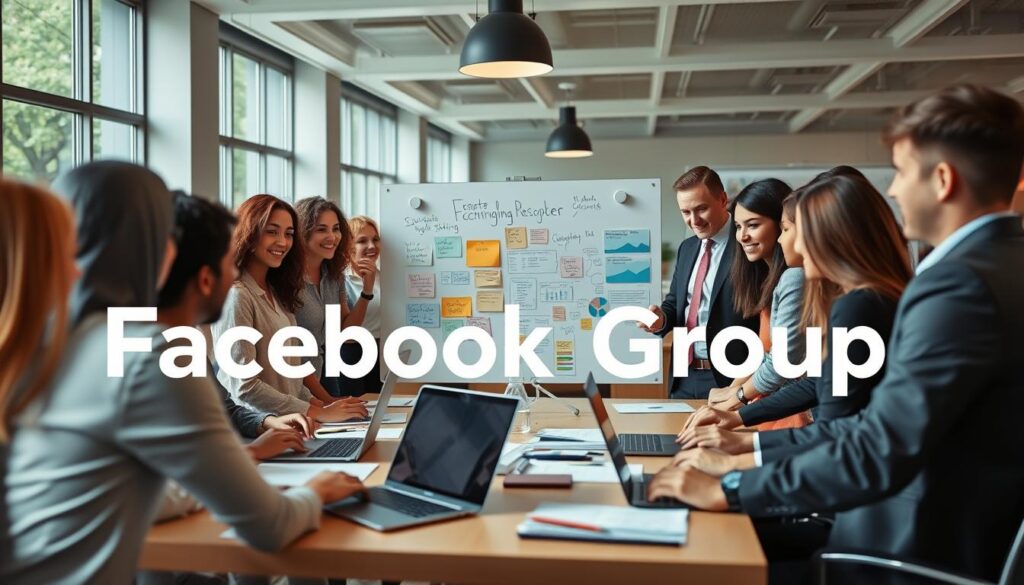 A vibrant scene depicting a dynamic Facebook group interaction, showcasing a diverse group of professionals enthusiastically engaged in creating and sharing valuable content. In the foreground, a diverse group of individuals, dressed in professional business attire, are gathered around a large table, brainstorming ideas and collaborating with laptops and digital devices. In the middle, a colorful whiteboard filled with brainstorming notes and charts represents the creative process. In the background, a modern office space with large windows allowing natural light to flood the room, giving a bright and inviting atmosphere. The mood is energetic, emphasizing teamwork and creativity in content creation for a thriving online community. Capture the essence of collaboration and engagement in a contemporary setting, using soft lighting to highlight the participants' expressions and the creative work around them. A vibrant scene depicting a dynamic Facebook group interaction, showcasing a diverse group of professionals enthusiastically engaged in creating and sharing valuable content. In the foreground, a diverse group of individuals, dressed in professional business attire, are gathered around a large table, brainstorming ideas and collaborating with laptops and digital devices. In the middle, a colorful whiteboard filled with brainstorming notes and charts represents the creative process. In the background, a modern office space with large windows allowing natural light to flood the room, giving a bright and inviting atmosphere. The mood is energetic, emphasizing teamwork and creativity in content creation for a thriving online community. Capture the essence of collaboration and engagement in a contemporary setting, using soft lighting to highlight the participants' expressions and the creative work around them.