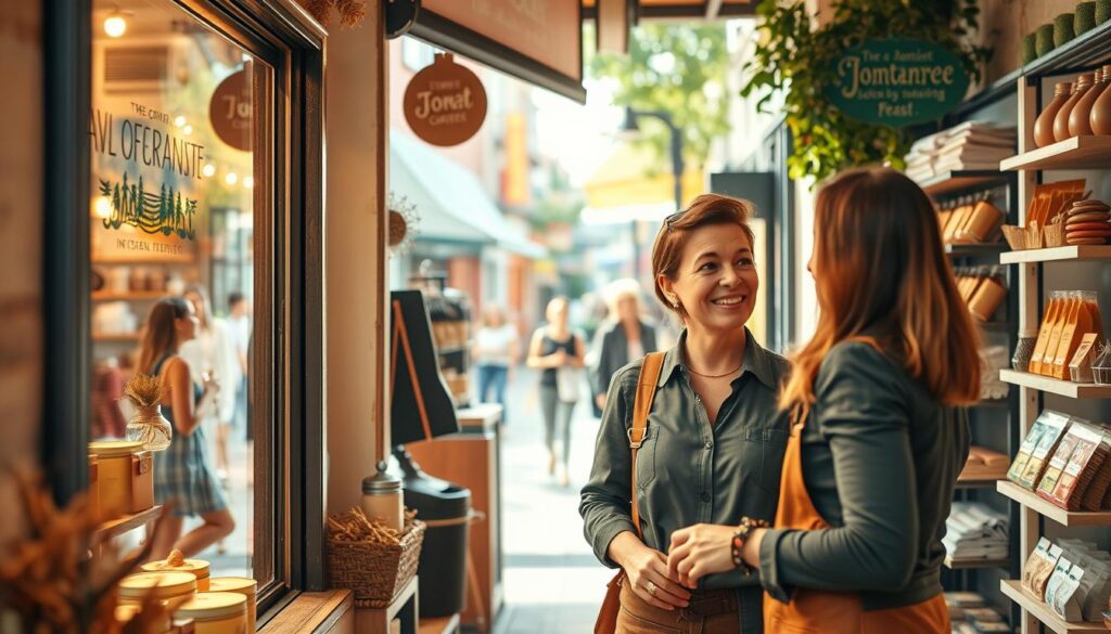 A vibrant scene depicting a local business concept, showcasing a small, inviting storefront with a large window displaying various handmade goods. In the foreground, a friendly entrepreneur, dressed in professional casual attire, engages with a customer, highlighting a personalized service. The middle ground features shelves filled with tasteful products like organic food items, craft supplies, and locally sourced crafts, implying a community-focused atmosphere. The background shows a bustling street with other small businesses and cheerful pedestrians, emphasizing a supportive local economy. Warm, natural lighting fills the space, creating an inviting and optimistic mood. The perspective is slightly angled to capture both the storefront and the interaction between the entrepreneur and customer, evoking a sense of warmth and community spirit. A vibrant scene depicting a local business concept, showcasing a small, inviting storefront with a large window displaying various handmade goods. In the foreground, a friendly entrepreneur, dressed in professional casual attire, engages with a customer, highlighting a personalized service. The middle ground features shelves filled with tasteful products like organic food items, craft supplies, and locally sourced crafts, implying a community-focused atmosphere. The background shows a bustling street with other small businesses and cheerful pedestrians, emphasizing a supportive local economy. Warm, natural lighting fills the space, creating an inviting and optimistic mood. The perspective is slightly angled to capture both the storefront and the interaction between the entrepreneur and customer, evoking a sense of warmth and community spirit.