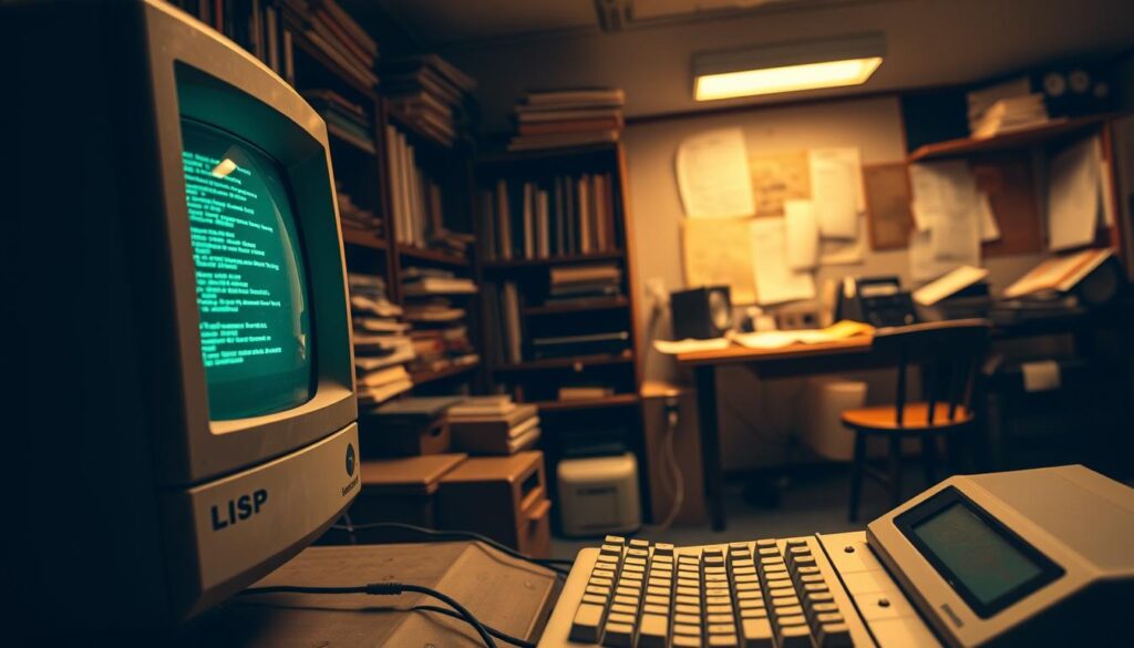 A vintage computer lab filled with early computer equipment from the 1960s, featuring an original Lisp programming terminal. In the foreground, a close-up of a vintage monitor displays lines of Lisp code glowing softly in green, with a classic keyboard beside it. The middle ground includes shelves lined with old programming books and technical manuals on early computer languages, contributing to the nostalgic atmosphere. In the background, dimly lit with warm lighting, an old-fashioned wooden desk cluttered with papers and diagrams represents the historical context of programming development. The overall mood is reminiscent and contemplative, emphasizing the significance of Lisp in the evolution of programming. Capture this scene with a soft-focus lens, creating an inviting and insightful ambiance.