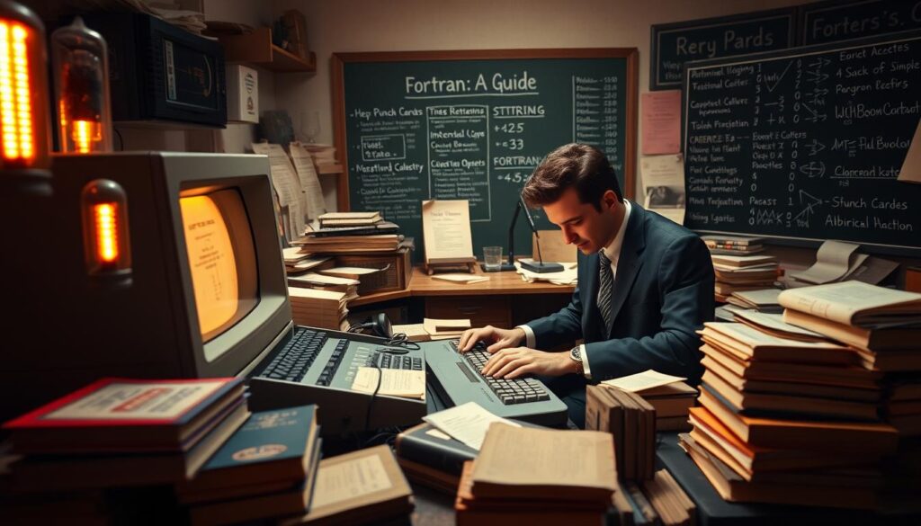 A vintage computer setting showcasing the early days of programming with Fortran. In the foreground, an open vintage computer with large, blinking vacuum tubes and roll paper output. Scattered around are classic programming books with titles like “Fortran: A Guide.” In the middle, a focused programmer, dressed in smart business attire, intently typing code on an old keyboard, bathed in warm ambient lighting that highlights their concentration. The background features a cluttered desk filled with technical papers, early punch cards, and a chalkboard displaying key Fortran concepts and algorithms. The overall atmosphere is nostalgic and inspiring, capturing the pioneering spirit of early computing and programming language development, with a slightly blurred effect to convey a sense of history.