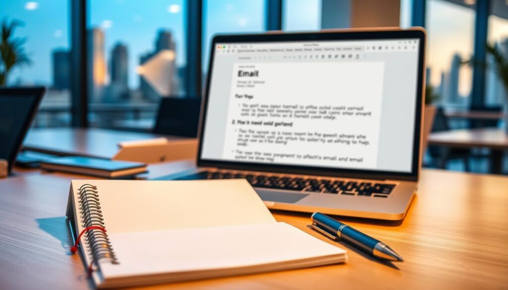 A visually appealing digital workspace featuring a well-organized desk with a laptop open to an email draft. The foreground showcases a notepad with handwritten notes and a stylish pen, emphasizing creativity and planning. The middle ground includes a laptop screen displaying a sleek email interface, with a few bullet points highlighting effective cold email strategies, all blurred for privacy. In the background, a well-lit modern office with large windows offers a view of a city skyline, symbolizing professionalism and success. The image is lit with soft natural light, creating a warm and inviting atmosphere. The overall mood is focused, inspiring, and conducive to business communication, without any text or branding elements.