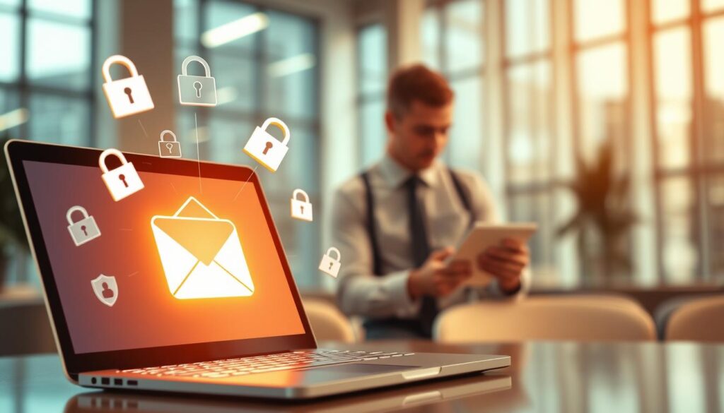 A visually captivating digital art representation of secure email communication. In the foreground, a sleek laptop with a glowing screen displays an open email application, surrounded by floating icons representing security features like padlocks and shields. In the middle section, a professional individual in business attire is attentively reviewing emails, emphasizing vigilance and best practices for secure email usage. The background features a blurred, high-tech office environment with a soft, warm light filtering through large windows, creating an inviting atmosphere. The overall mood conveys a sense of safety and reliability, illustrating the importance of secure email practices in a modern work setting.