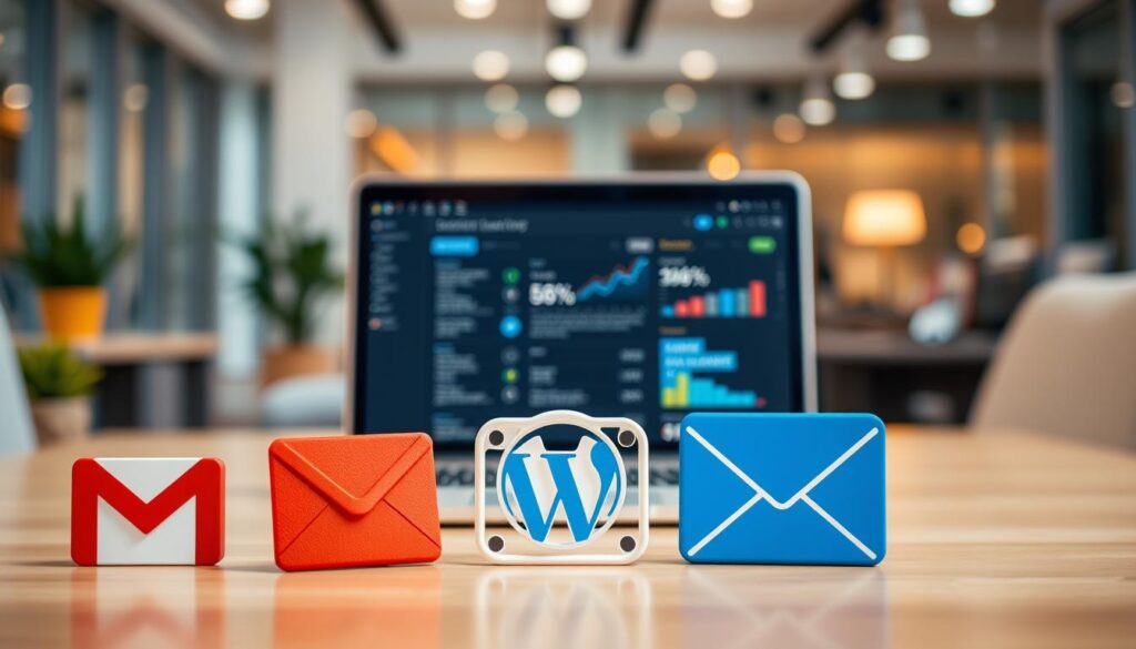 A visually engaging comparison of the top free email services: Gmail, WP, and Onet. The foreground features sleek, colorful email icons representing each service, arranged artistically in a dynamic layout. In the middle ground, a clean, modern workspace showcases a laptop screen displaying an email dashboard, surrounded by digital elements such as graphs or statistics indicating security and features of each service. The background has a soft-focus office setting with warm lighting, creating an inviting and professional atmosphere. Capture a sense of reliability and freshness, emphasizing the ease of use and security of these email services. The overall composition should be crisp and polished, with a balanced blend of technology and professionalism.