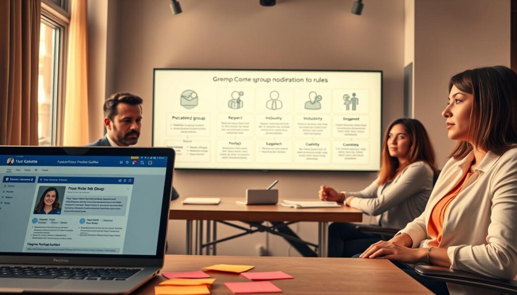 A visually engaging scene depicting a digital workspace focused on a Facebook group moderation guideline. In the foreground, a well-organized desk featuring a laptop with a Facebook group interface displayed, surrounded by colorful sticky notes highlighting key rules. In the middle, a soft-focus image of a diverse group of four professional individuals—two men and two women—sitting around a table, discussing the guidelines with focused expressions. They are dressed in smart casual attire. In the background, a large, illuminated screen displays a simplified infographic of group moderation rules, overlaid with icons representing respect, inclusivity, and engagement. Warm, natural lighting cascades through a window, creating a collaborative and inviting atmosphere. The angle emphasizes teamwork and the importance of a strong regulatory foundation for online groups.