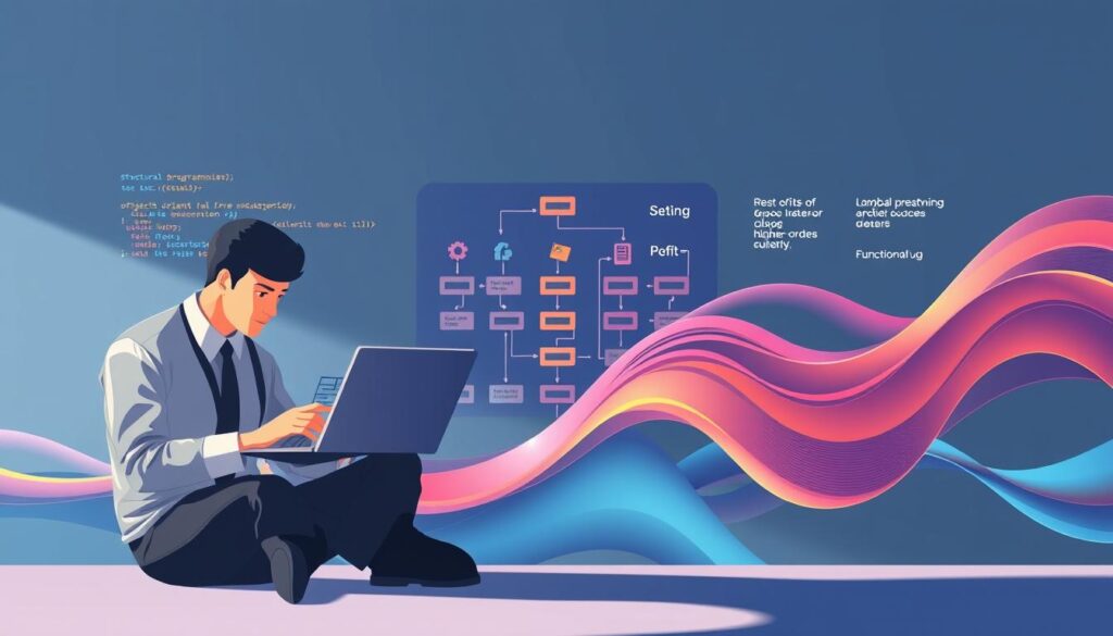 A visually striking illustration showcasing the three programming paradigms: structural, object-oriented, and functional. In the foreground, a professional in business attire analyzes code snippets on a laptop, representing structural programming with clear flowcharts. In the middle ground, an organized display of interconnected objects symbolizes object-oriented programming, featuring class hierarchies and encapsulation. In the background, vibrant waves of functional programming concepts, like lambda functions and higher-order functions, flow dynamically, creating a sense of movement and connection. The lighting is soft but focused, casting gentle shadows that enhance the depth of the scene. The overall mood is educational and inspiring, designed to evoke curiosity and a sense of exploration in the realm of programming.