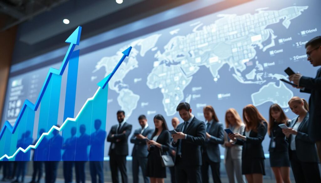 A visually striking infographic representing the global growth of Facebook users over time. In the foreground, include a stylized graph with dynamic upward trends, illustrated in vibrant colors like blue and green to signify growth. In the middle ground, depict a diverse group of people in professional business attire, engaged with digital devices, symbolizing global connectivity and engagement with the platform. The background should show a world map highlighted with user demographics, illuminated in soft, ambient lighting to create a sense of optimism and progress. The overall atmosphere should be inspiring, reflecting the impactful rise of Facebook and its significance in modern communication. Use a shallow depth of field to emphasize the graph and people, creating a sense of focus and clarity. A visually striking infographic representing the global growth of Facebook users over time. In the foreground, include a stylized graph with dynamic upward trends, illustrated in vibrant colors like blue and green to signify growth. In the middle ground, depict a diverse group of people in professional business attire, engaged with digital devices, symbolizing global connectivity and engagement with the platform. The background should show a world map highlighted with user demographics, illuminated in soft, ambient lighting to create a sense of optimism and progress. The overall atmosphere should be inspiring, reflecting the impactful rise of Facebook and its significance in modern communication. Use a shallow depth of field to emphasize the graph and people, creating a sense of focus and clarity.