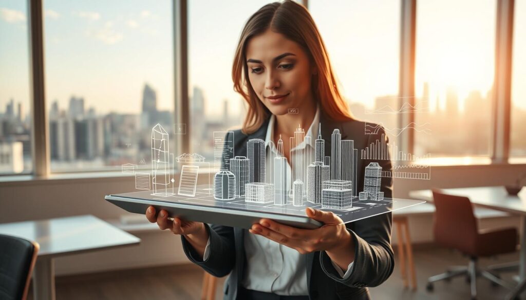 A vivid illustration of Augmented Reality benefits, featuring a professional businesswoman interacting with a virtual 3D model of a cityscape in a bright, modern office environment. In the foreground, the woman is wearing professional attire, looking intrigued as she manipulates digital elements with her hands. The middle ground shows an immersive holographic display emerging from a sleek tablet, showcasing various data visualizations, building outlines, and interactive graphs. The background features large windows that let in natural light, creating an uplifting atmosphere, with a city skyline visible outside. The scene is captured from a slightly low angle to emphasize the futuristic technology, with a warm color palette that conveys innovation and exploration.