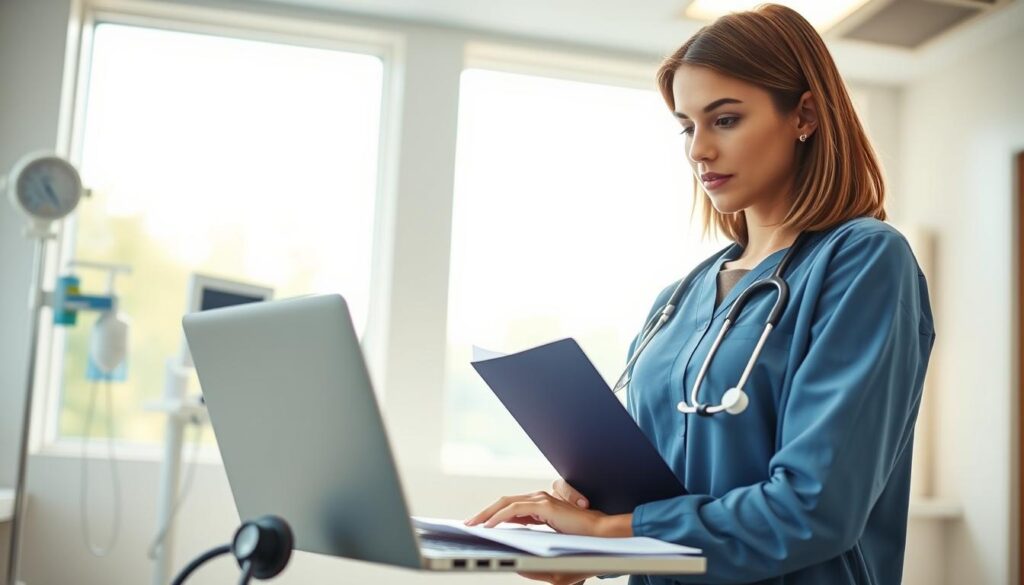 A young medical resident in professional attire stands in a brightly lit hospital room, examining patient charts. In the foreground, a stethoscope is draped over a laptop, symbolizing the integration of technology in modern healthcare. The middle ground features soft-focus medical equipment, such as a blood pressure monitor and IV stands, emphasizing the clinical environment. In the background, large windows allow natural light to flood the room, creating a warm and inviting atmosphere. The resident, a young Caucasian woman with shoulder-length hair, wears a focused expression as she contemplates her finances, subtly reflecting the section on additional income sources. The scene conveys a sense of determination and professionalism, highlighting the balancing act of a young physician's journey in healthcare.