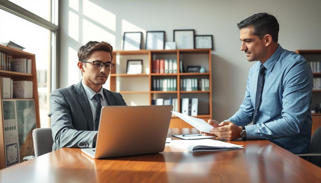 An earnest negotiation scene between a young doctor and a hospital administrator in a well-lit office, symbolizing salary discussions for medical residents. In the foreground, the young doctor, dressed in a professional suit, sits at a sleek wooden table, looking confident yet attentive, with documents and a laptop open before them. The hospital administrator, also in business attire, leans forward, engaging in the conversation with a focused expression. In the middle ground, shelves of medical books and framed certificates adorn the office, reinforcing the professional environment. Natural light streams through large windows, casting soft shadows, creating a warm and serious atmosphere. The image captures the essence of professionalism, communication, and the importance of negotiations in the healthcare sector.
