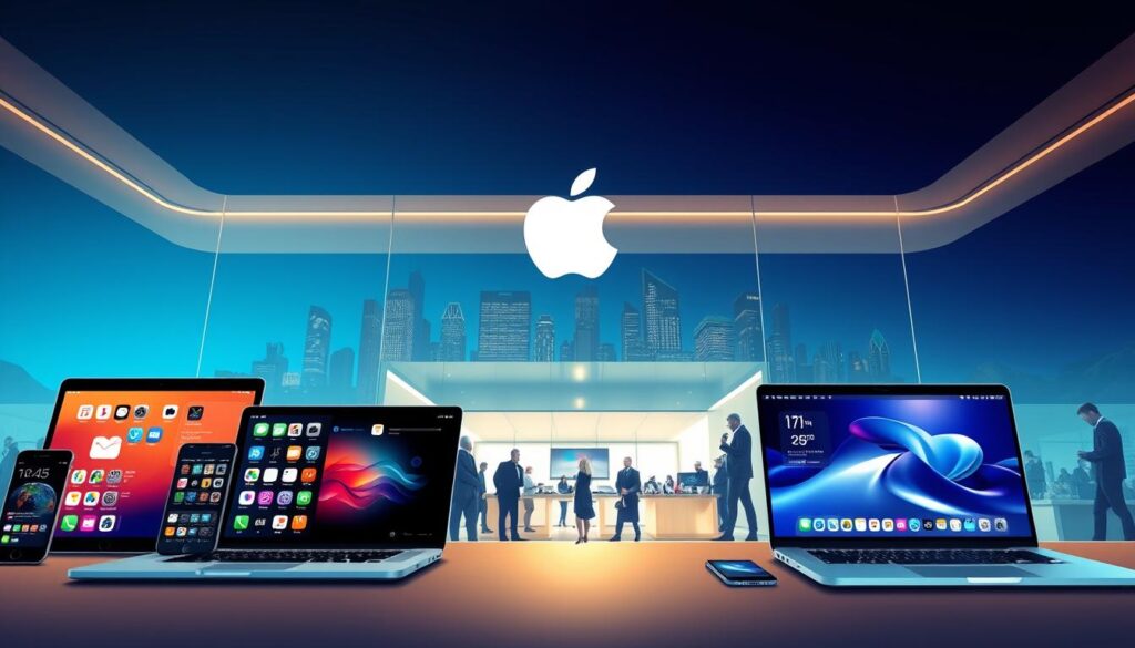 An illustrated ecosystem of Apple services and software, featuring iconic elements such as an iPhone, MacBook, iCloud, and a stylish Apple Store. In the foreground, sleek devices display various applications, showcasing their interconnectedness. The middle ground includes a vibrant, modern Apple Store filled with customers engaging with Apple products, dressed in professional business attire. In the background, a city skyline represents innovation and technology, with soft, warm lighting highlighting the Apple logo and creating a welcoming atmosphere. The image conveys a sense of progression and success, embodying the spirit of Apple's growth in both hardware and software industries. The angle is slightly elevated, allowing a panoramic view of the entire scene, emphasizing the synergy within the Apple ecosystem.