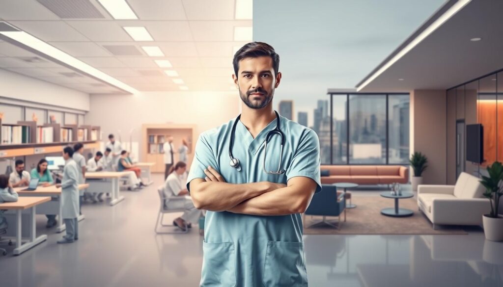 An illustrative comparison of a surgeon's earnings in the public versus private sectors, featuring two distinct yet harmonized environments. In the foreground, a professional surgeon in pristine scrubs, standing confidently with crossed arms, exuding professionalism, faces the viewer. In the middle ground, a split depiction of two contrasting workspaces: on the left, a bustling public hospital with diverse healthcare staff, bright fluorescent lighting, and patients being assisted; on the right, a sleek, modern private clinic showcasing a more serene ambiance, with comfortable furnishings. In the background, a subtle skyline with city buildings symbolizing different healthcare sectors. Soft, natural lighting enhances the professionalism, while a warm color palette evokes trust and serenity. Aim for an engaging yet informative atmosphere, focusing on the juxtaposition of the two worlds of surgery.