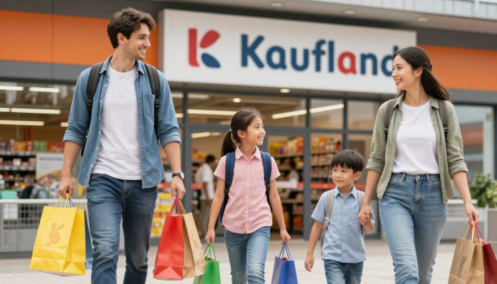 Happy customers leaving Kaufland store with shopping bags
